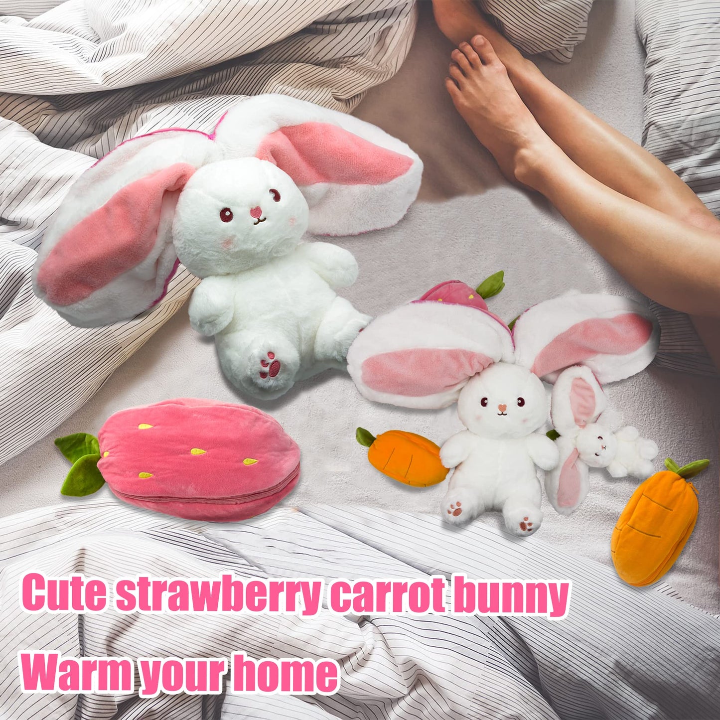 YOUBLEK Bunny Stuffed Animal,Carrot Reversible Cuddle Bunny Plush Doll with Zipper Cute Soft Rabbit Toys Pillow for Kids and Adults Easter Bunnies Plushies Gifts (Carrot, 7.09 inches)