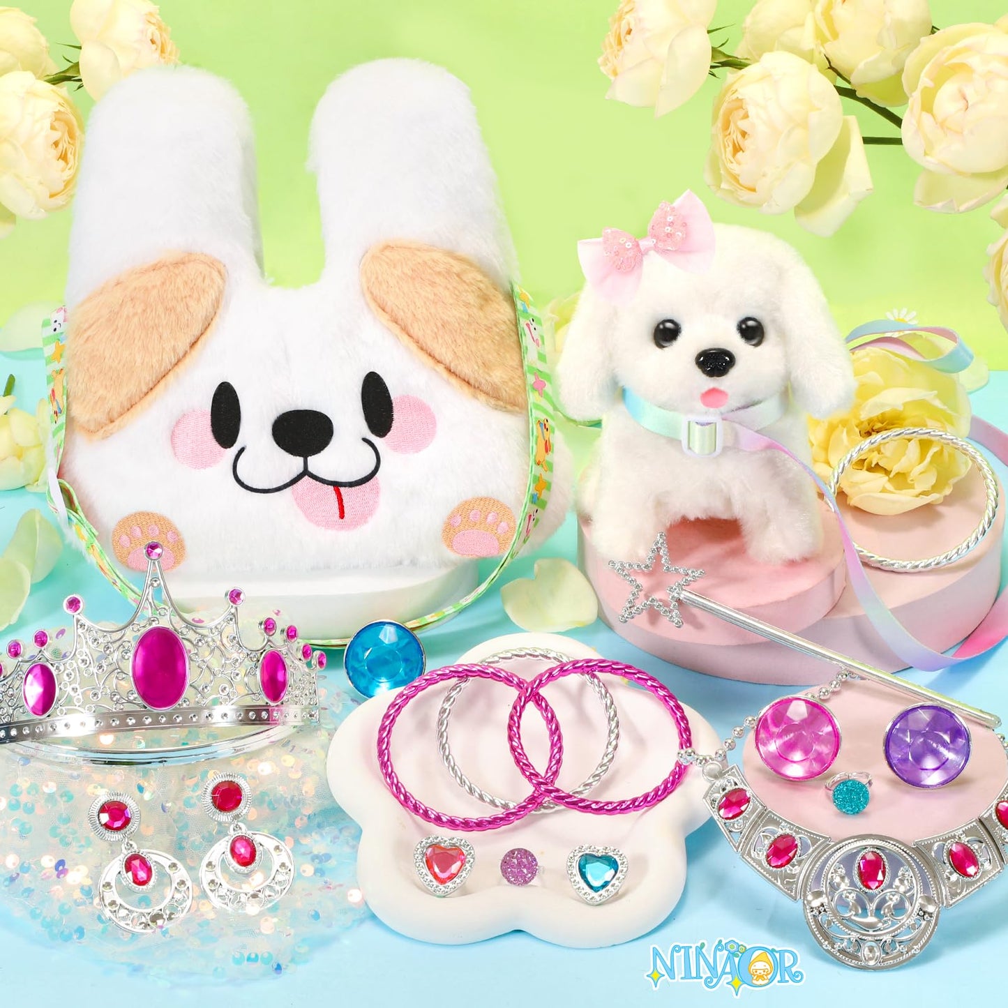 NINAOR Plush Dog Toys for Kids with Crossbody Bags Princess Jewelry, Robot Puppy with Leash Walking Barking, Pretend Play Dress Up Interactive Stocking Stuffers for Toddler Girl Toys Birthday Gifts