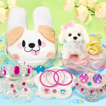 NINAOR Plush Dog Toys for Kids with Crossbody Bags Princess Jewelry, Robot Puppy with Leash Walking Barking, Pretend Play Dress Up Interactive Stocking Stuffers for Toddler Girl Toys Birthday Gifts