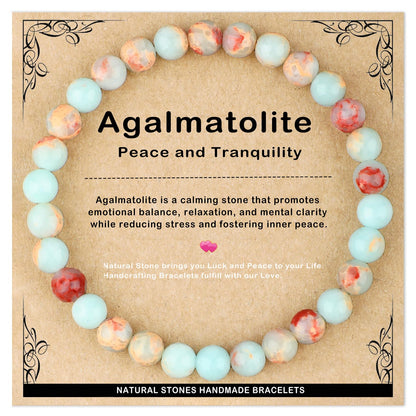 AD Beads 6mm Handmade Agalmatolite Elastic Bracelet – Natural Gemstone for Peace and Tranquility – Meditation, Yoga, Healing and Energy Gift for Men Women