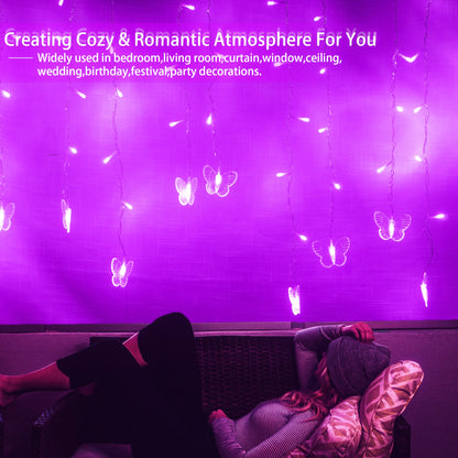 Purple Butterfly Curtain Fairy Lights USB Plug in,120 LED 8 Modes 20FT Firefly Twinkle Icicle String Lights with Remote Timer Waterproof for Halloween Bedroom Christmas Wedding Party Dorm