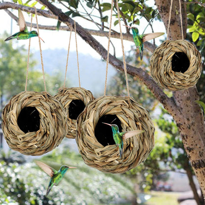 winemana 4 Pack Hanging Bird Nest House for Outside, Ball Shape, Hand Woven, Durable Sturdy, Made of Natural Grass, Perfect for Garden Patio Lawn Office Indoor