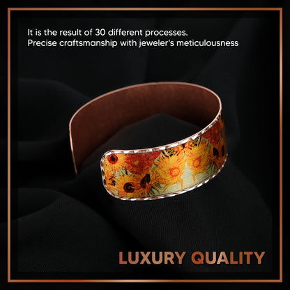 Moreni Copper Bracelet for Women – Handmade Engraved Cuff Inspired by “Sunflowers” – Artistic Pure Copper Jewelry with Gift Wooden Box