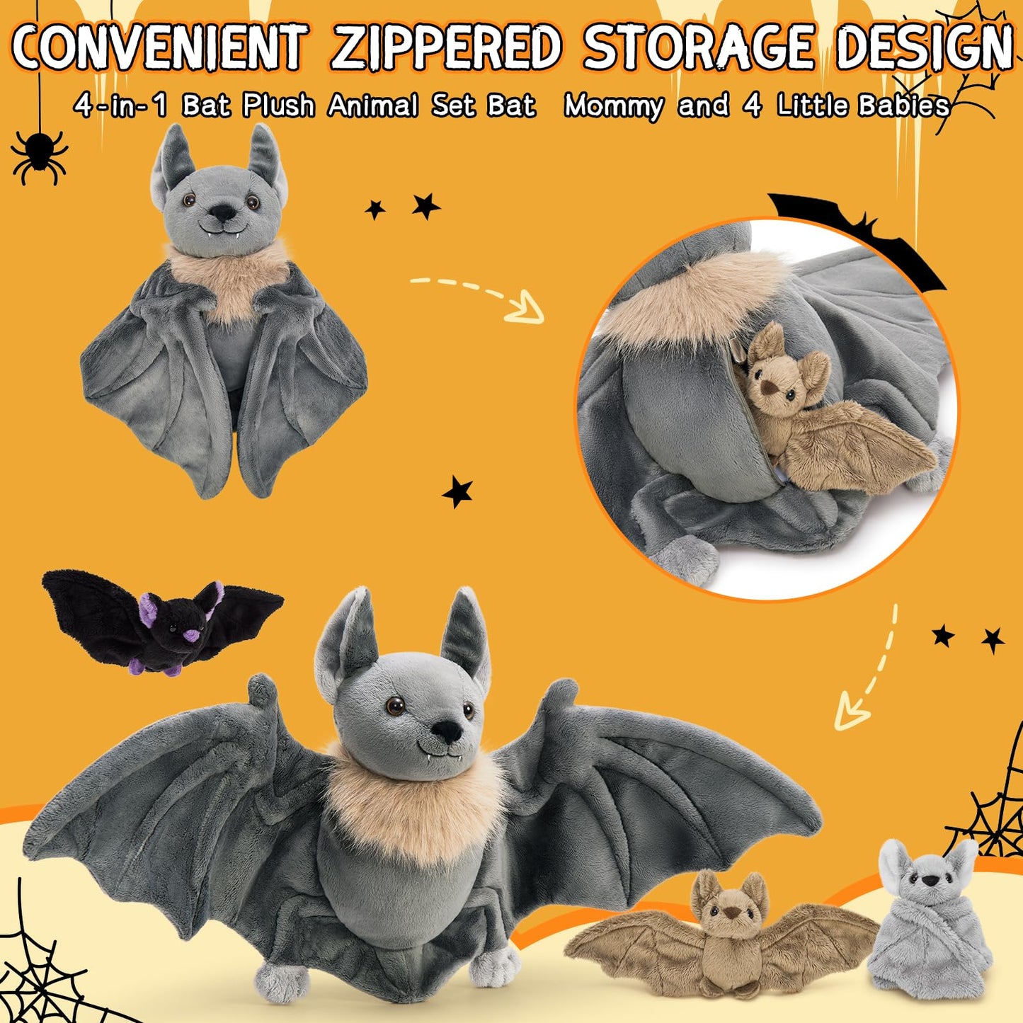 Tezituor 4Pcs Realistic Bat Stuffed Animals Set, 32inch Large Mommy Stuffed Bat with 3 Cute Babies for Boys Girls, Hugging Soft Bats Plushies Toy Gift for Halloween Party Decoration