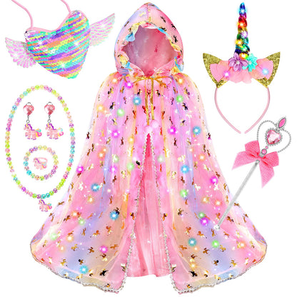 Fedio Princess Dress up for Girls,Unicorn Light up Princess Cape Set,Light up Princess Dress with Unicorn Toys for Girls 3-8 Halloween Pink