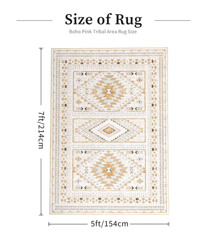Boho Farmhouse Area Rug 5x7, Washable Tribal Rug for Bedroom, Non-Slip Medallion Rugs for Living Room Dining Room, Entryway (Beige/Yellow, 5'x7')