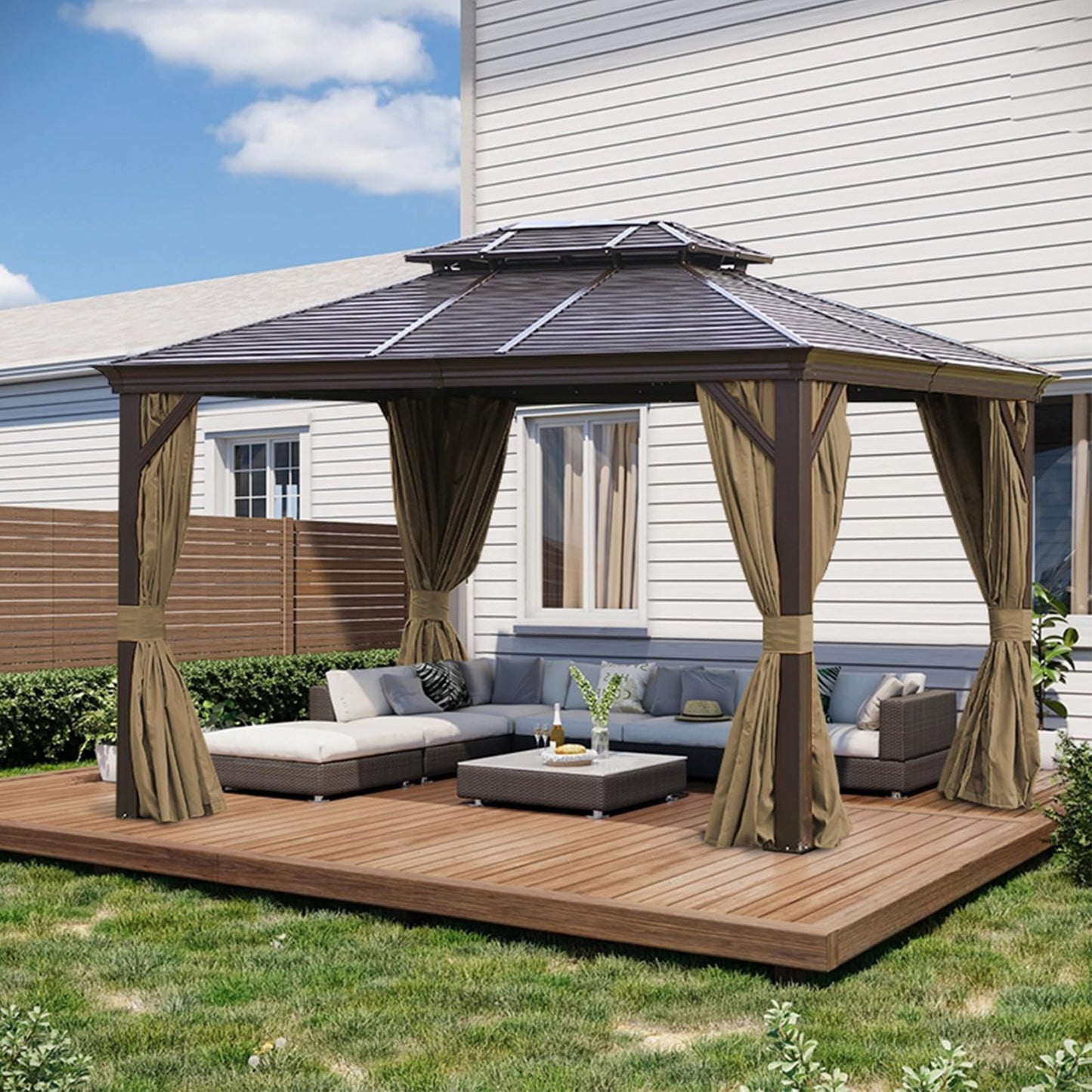 slashome 12'x14' Gazebo Curtains Outdoor Waterproof, Khaki Universal Replacement Curtain 4-Panels, Sidewalls with Zipper for Garden, Patio, Yard (Only Curtains)