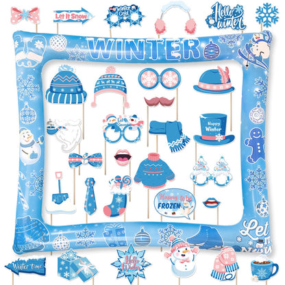 Winter Photo Booth Props Inflatable Frame, 30Pcs Winter Wonderland Photo Props with Inflatable Picture Frame Large for Frozen Holiday Party Selfie Supplies