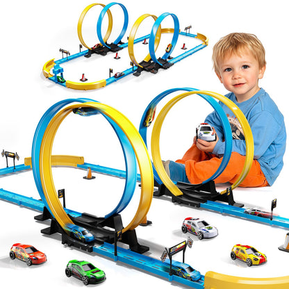 LILYBUDS Toy Car Race Track Set for Boys Kids Age 3-5 4-7, Race Tracks with 4 Crash Zones and 1:64 Scale High-Speed Slot Cars, Christmas Halloween Birthday Gifts Toys for Toddlers Boys 4-8 8-12 Years