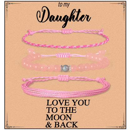 QOGIR Daughter Love You Forever Bracelets,Natural Rose Quartz Adjustable String Braceletm, Birthday Christmas Gifts for Daughters Girls Teen