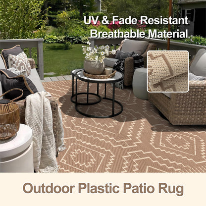 Wonnitar Outdoor Rugs 8x10 Waterproof Plastic Straw Rug, Large Outdoor Camping Rug for RV, Reversible Portable Outside Lightweight Area Rug for Backyard Balcony Beach Picnic (Beige & Brown,8'x10')