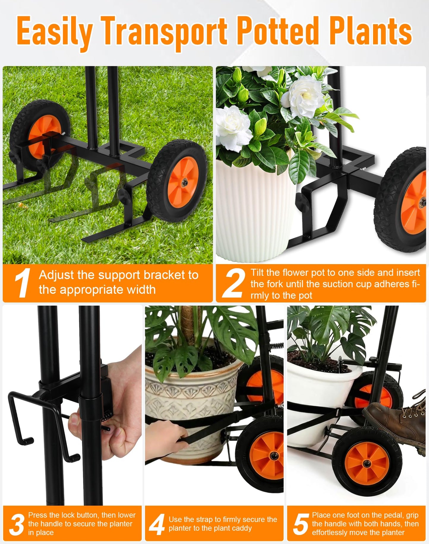 Deerift Heavy Duty Plant Caddy with Wheels, Plant Dolly Cart, Adjustable Grabbing Arm & Suction Cups for Easy Plant Movement, Versatile Indoor/Outdoor Plant Dolly Trolley Cart with Strap, Black