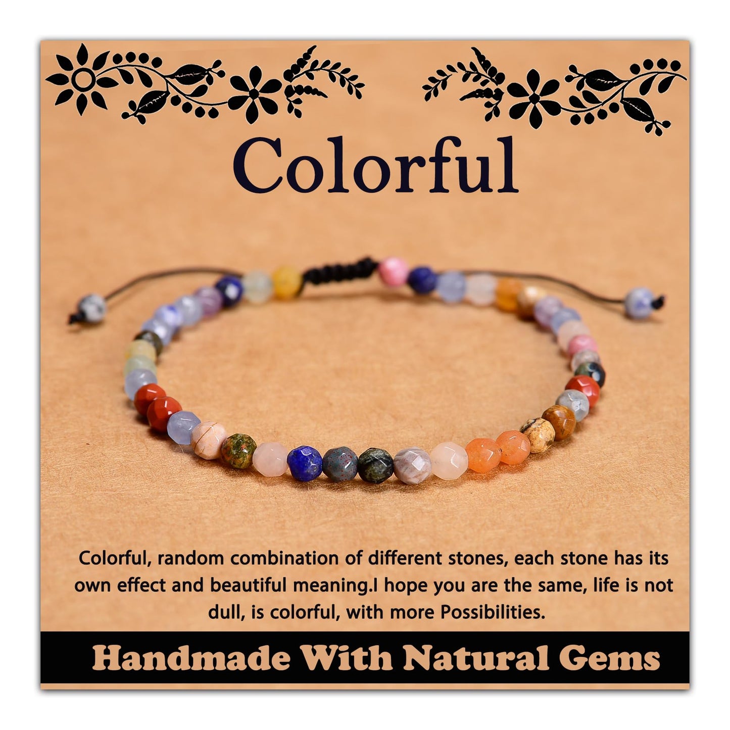 CHCCOYE 4mm Handmade Adjustable Natural Gemstone Crystal Bracelet Healing Power Energy Inspirational Gifts with Card for Unisex (Faceted Colorful)