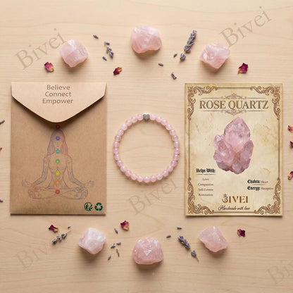 Bivei 6mm Rose Quartz Crystal Stretch Bracelets for Women, Handmade Natural Stone Beaded Bracelet, Yoga Protection Jewelry Gift