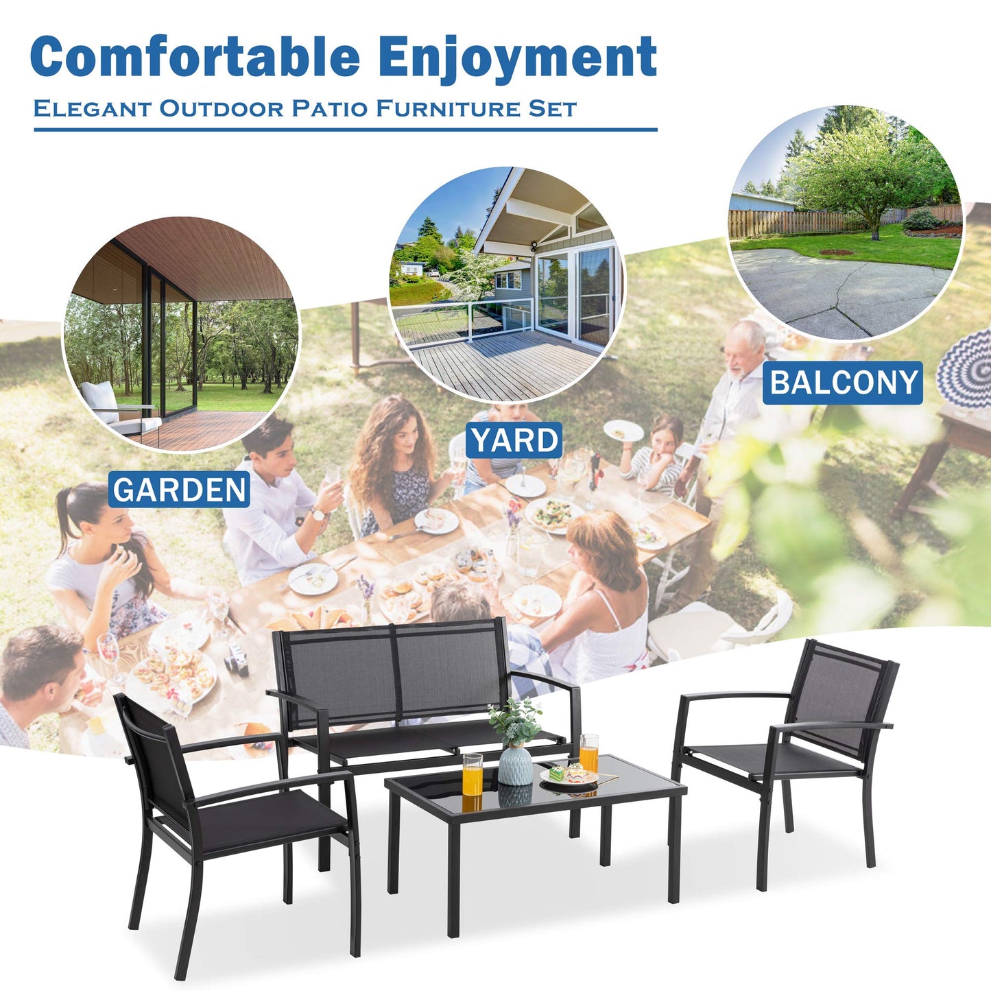 Vongrasig 4 Pieces Patio Furniture Sets,Outdoor Patio Conversation Sets with Glass Coffee Table, Small Porch Balcony Furniture, Patio Table and Chairs Set for Garden, Backyard (Black)