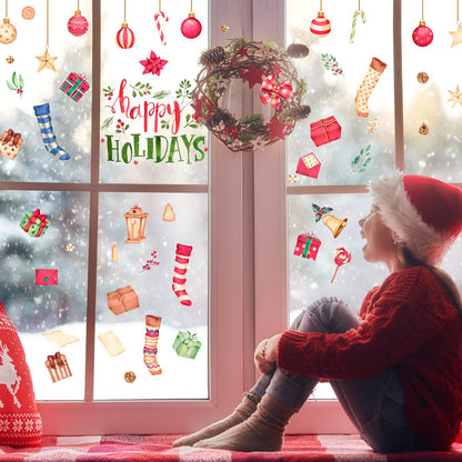 Happy Holiday Wall Stickers Christmas Window Stickers with Socks Candy Copper Bell Decals Removable Vinyl Wall Decals Window Xmas Self-Adhesive Holiday Home Decoration