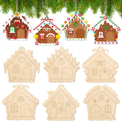 COCHIE Wooden Christmas Ornaments to Paint for Kids Adults Set of 24, Xmas Unfinished Wood Crafts for Painting, DIY Paintable Christmas Cutouts Slices for Craft with Ropes (Gingerbread House)