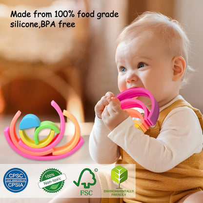 ROHSCE Sensory Toys for Babies Bundle - Textured Baby Balls & Wheat Straw Rattle + Silicone Rainbow Stacker, Montessori Nesting Blocks Soft Building Toys (7CPS), Baby 6-12 Months, Toddler Toys 1-3
