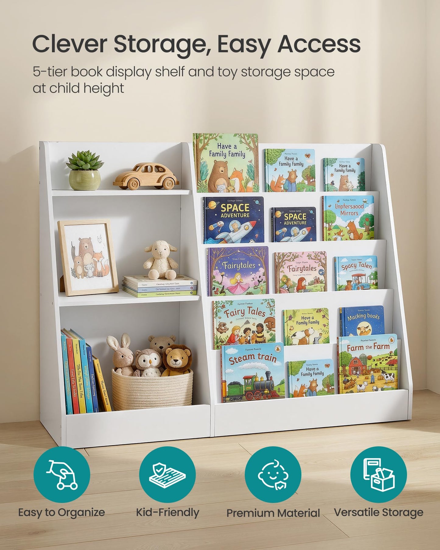 SONGMICS Book and Toy Storage Organizer, 5-Tier Montessori Kids Bookshelf and Toy Storage Shelf, for Children's Room, Reading Nook, 11.8 x 40.8 x 31.5 Inches, Cloud White UGKR077WZ01