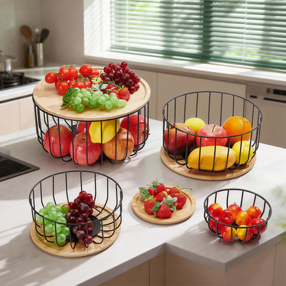 INTERWARM 4Pcs Fruit Basket for Kitchen Counter Set, 4 Size Round Fruit Basket with Wooden Lid Countertop Bin for Produce Fruits Lemon Banana Candy Snack in Office(Black)