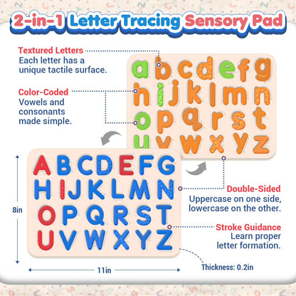 Sensory Silicone Letter Tracing Pad: Double-Sided Textured Sensory Toys for Learning Focus & Fine Motor, Quiet Travel Toy, Preschool Learning Activities, Educational Montessori Toys for Toddlers Kids