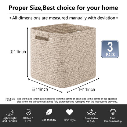 OIAHOMY Storage Cubes 11 Inch Storage Bins-3-Pack, Cotton Rope Woven Baskets for Organizing, Square Storage Baskets for Shelves Organizer, Classroom, Kids Toy Bins, Closet, Baby Nursery-Brown