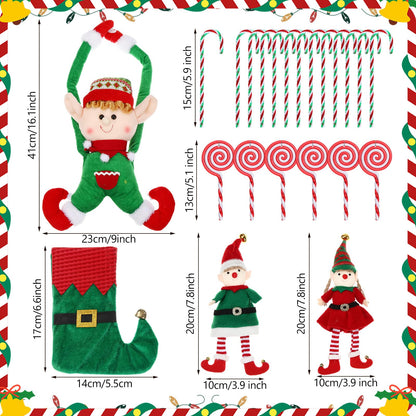 43 Pcs Elf Christmas Tree Decorations Elf Christmas Tree Hanging Ornaments Topper Candy Ball Pendant Red White Green Hanging Ornaments for Holiday Party Decoration