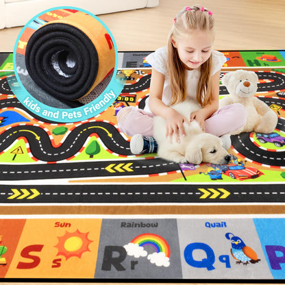 Diysani Race Track Car Rug 4x6FT Road Rug for Kids Toy Cars Non-Slip Play Carpet Baby Play Mat for Floor Washable ABC Alphabet Playroom Nursery Preschool Daycare Classroom Carpet