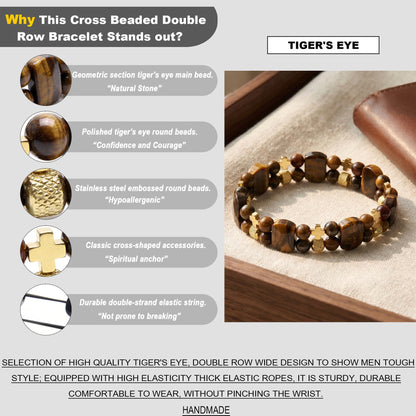 Christian Gifts for Men, Jesus Cross Bracelet for Men Handmade Double Elastic Beaded Bracelets Natural Crystal Gemstone Religious Jewelry for Boyfriend Husband Birthday Anniversary (Tigers Eye)