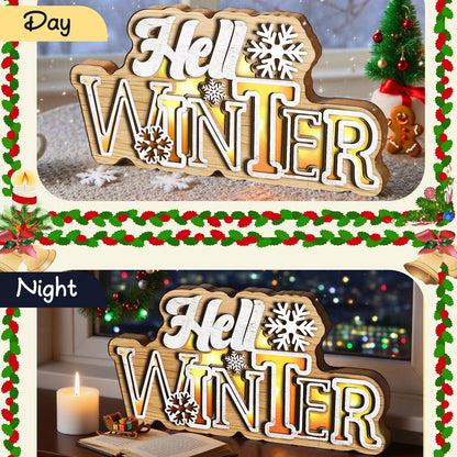 Glooglitter Hello Winter Snowflake Wooden Tabletop Decoration Winter Sign LED Snowflake Centerpiece Wood Plaque Freestanding Wood Sign for Xmas Table Party 13.8 x 3.5 Inch