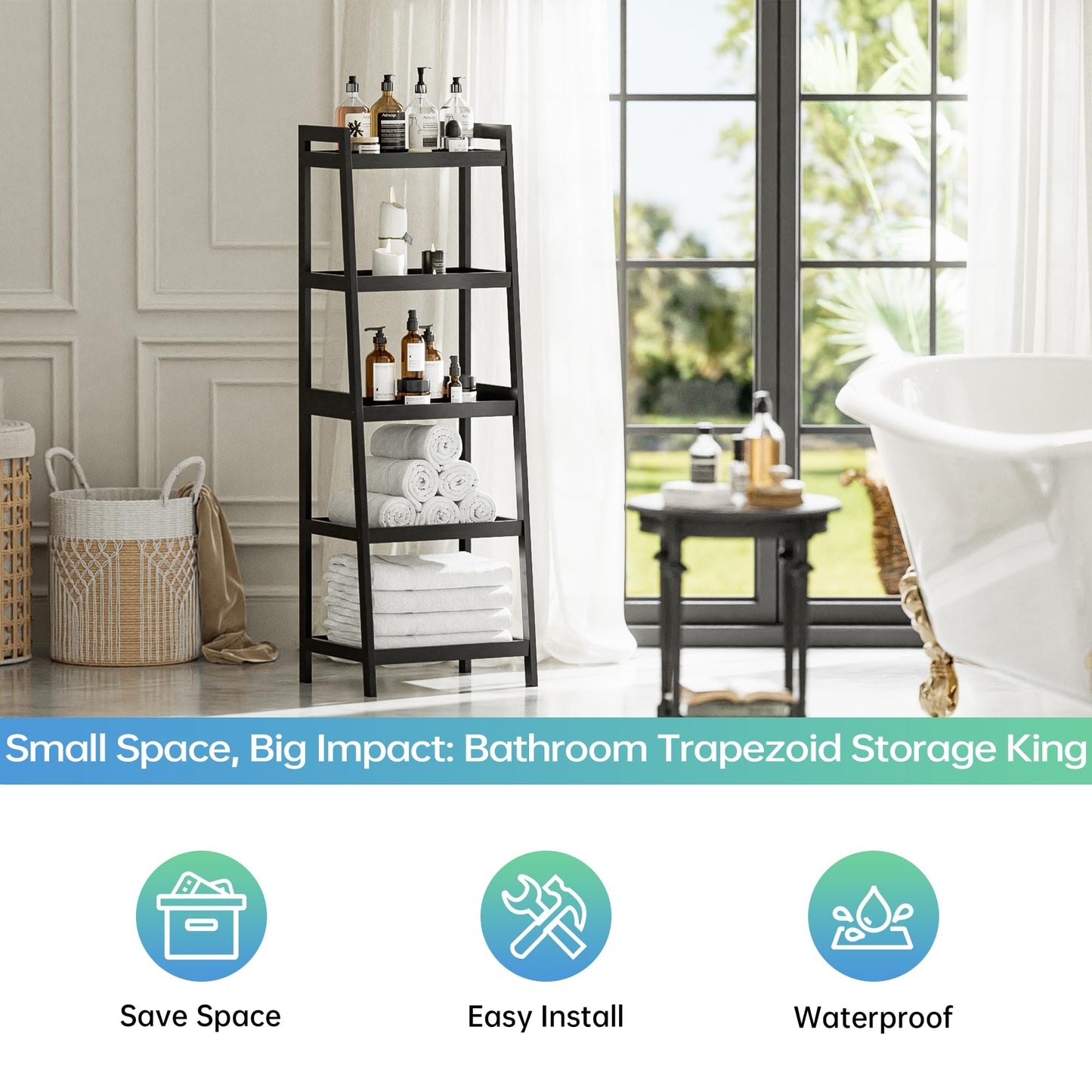SMIBUY Bamboo Ladder Bookcase, Bathroom Storage Rack Organizer, 4 Tier and 5 Tier Freestanding Plant Display Stand Space Saver Shelves for Bedroom, Kitchen, Balcony (Black, 5 Tiers (50" H))