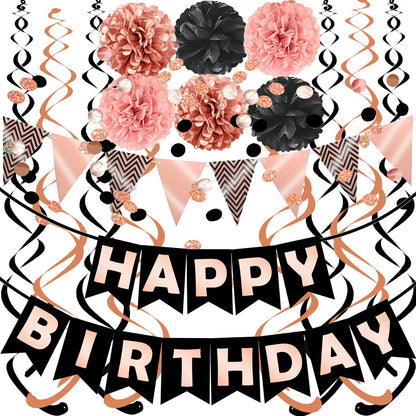 FECEDY Rose Gold Black Theme Happy Birthday Banner Flag Bunting Paper Circle Confetti Garland Swirl Streamers Honeycomb Ball for Birthday Party Decoration