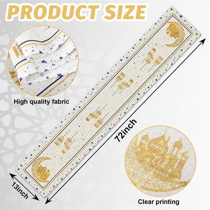 Eid Mubarak Table Runner Decoration, Ramadan Mosque Gold Moon Stars Islamic Happy Holiday for Dining Party Table Decorations Home,13x72 Inches (Beige)