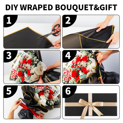 Duyasurs 20 Sheets Floral Wrapping Paper, Waterproof Bouquet Wrapping, 22.8x22.8IN, Florist Supplies Packaging Paper, DIY Gift Box, Wedding & Birthday Gifts, Gold Edge (Black)