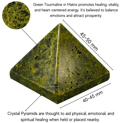 Amazing Gemstone Green Tourmaline in Matrix Pyramid Crystal Healing Stones - 2" Great Pyramid Figurine of Natural Stone Pyramid for Meditation, Reiki, Chakra Balancing and Crystal Pyramids Grid