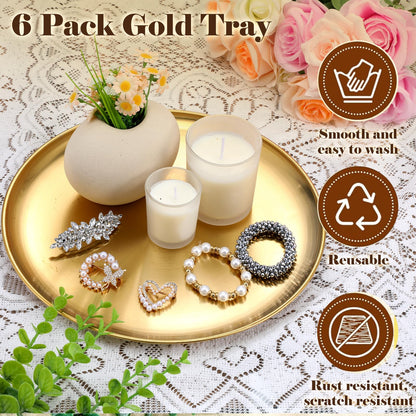 6 Pcs 12 Inch Round Gold Tray - Large Gold Tray Decorative Serving Bar Dish Key Bowl Mirror Dresser Vanity Tray for Jewelry Makeup Organizer, Bathroom, Candle, Perfume, Countertop