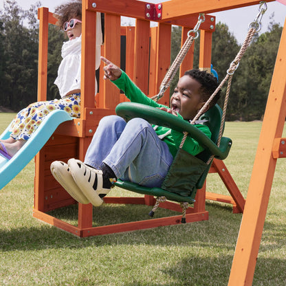 Dolphin Playground 5-in-1 Toddler Swing Sets with Slide for Backyard, Toddler Outdoor Playset with Baby Swing, Table, Blackboard, Kid Slide, Rock Climbing Wall, Ages 18 mo to 4 yrs
