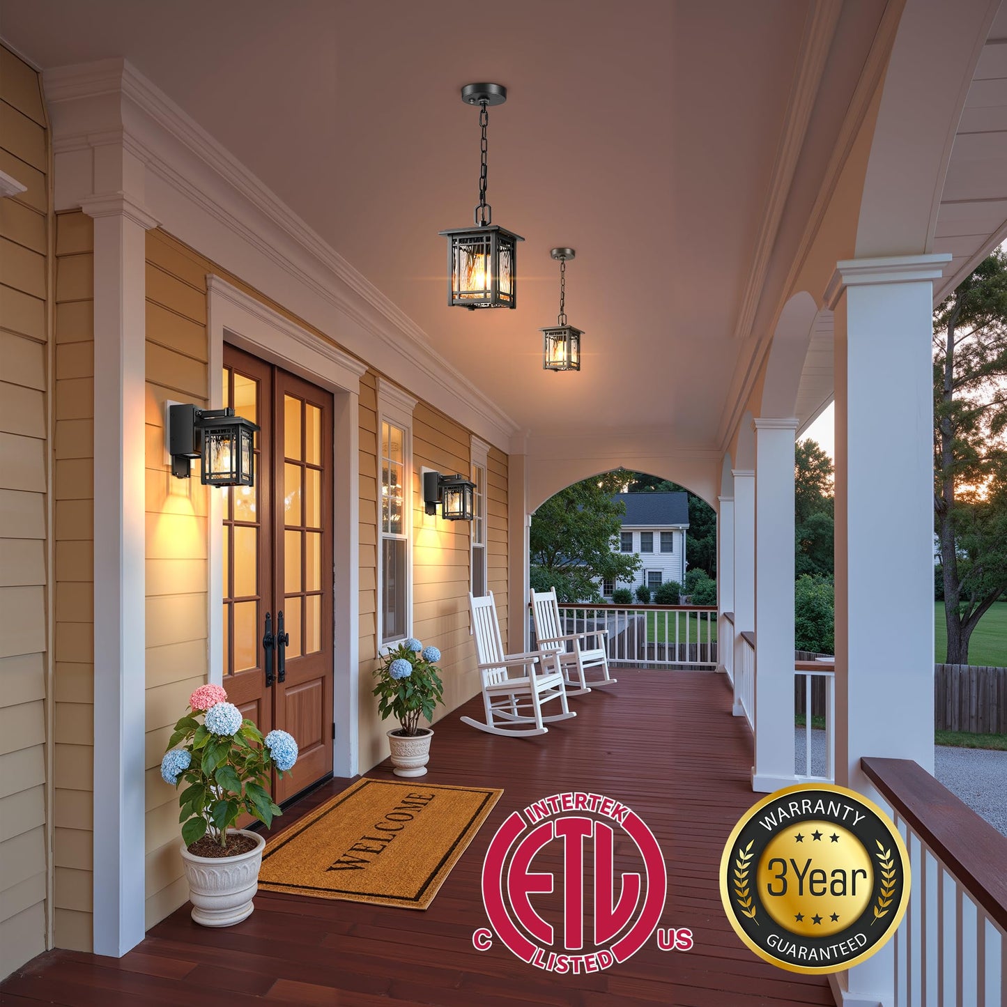 OPAXIS Dusk to Dawn Outdoor Pendant Light Fixtures, Modern Black Outdoor Hanging Lights with Photocell Sensor, Waterproof Exterior Chandelier for Porch, Outside Pendant Lantern with Adjustable Chain