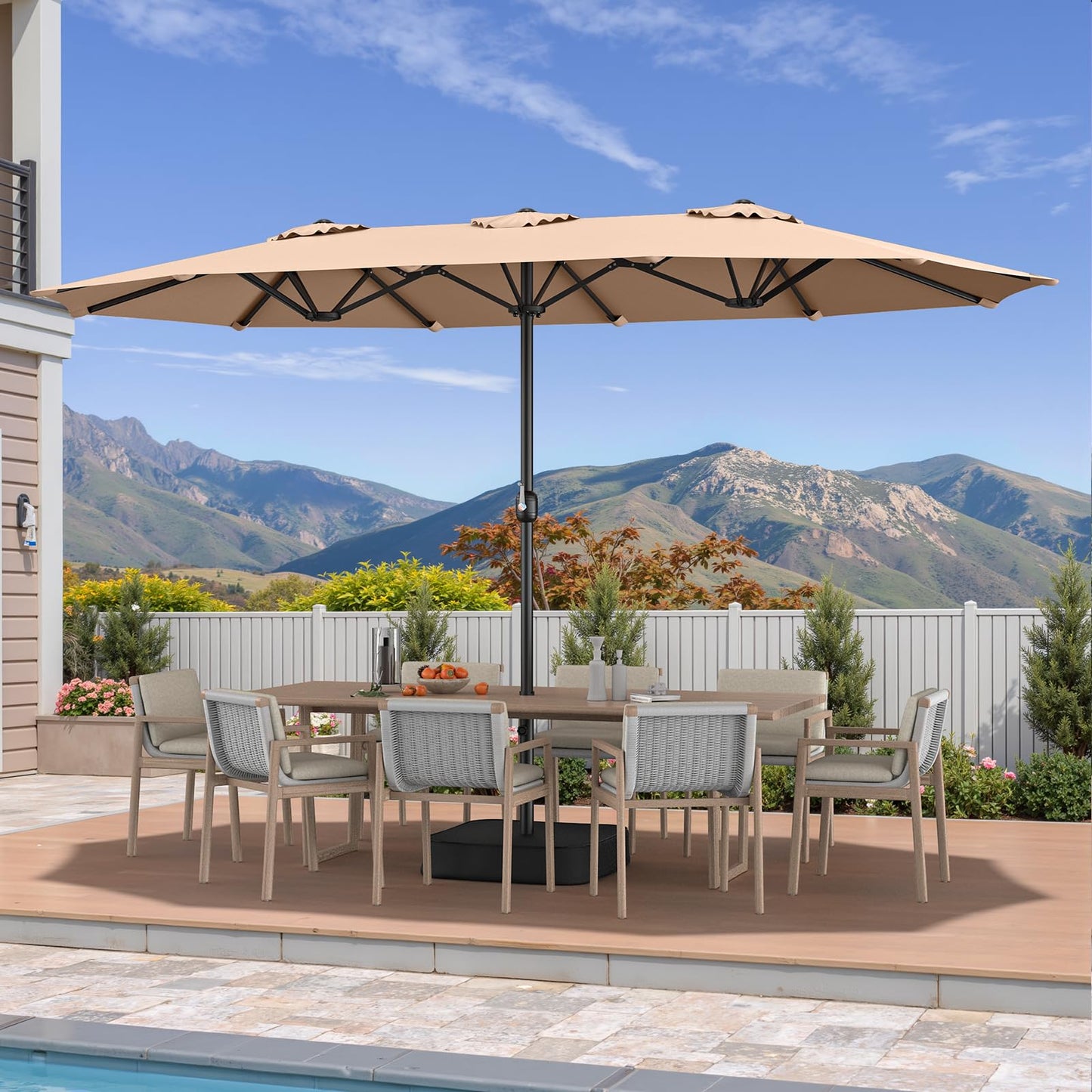 ONBRILL 15ft Patio Umbrella with Base Included, Extra Large Shade Area, Double Sided Rectangle with Crank Handle for Poolside, Garden, Yard, Beige