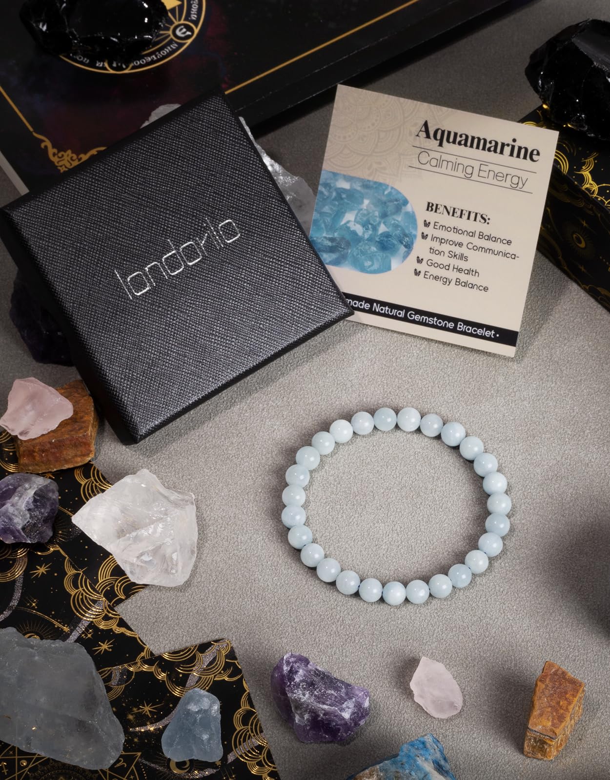 Landorilo Beaded Bracelet for Men Women, 6mm Natural Stone Aquamarine Healing Crystal Stretch Bracelets, Ideal Christmas Birthday Jewelry Gifts with Energy Card，Replacement Beads Included