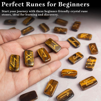 Crocon Tiger Eye Rectangle Shape Gemstone Runes with Elder Futhark Alphabet Engraved 25 pcs Rune Set Crystal Divination Metaphysical Healing Chakra Reiki Runes Set with a Pouch Size : 20-25mm