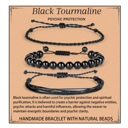 QOGIR Handmade Healing Stones Bracelet,8mm Natural Black Tourmaline Gemstone Beads Bracelet,for Men Women Gifts with 2PCS Size Adjustable Rope Bracelets