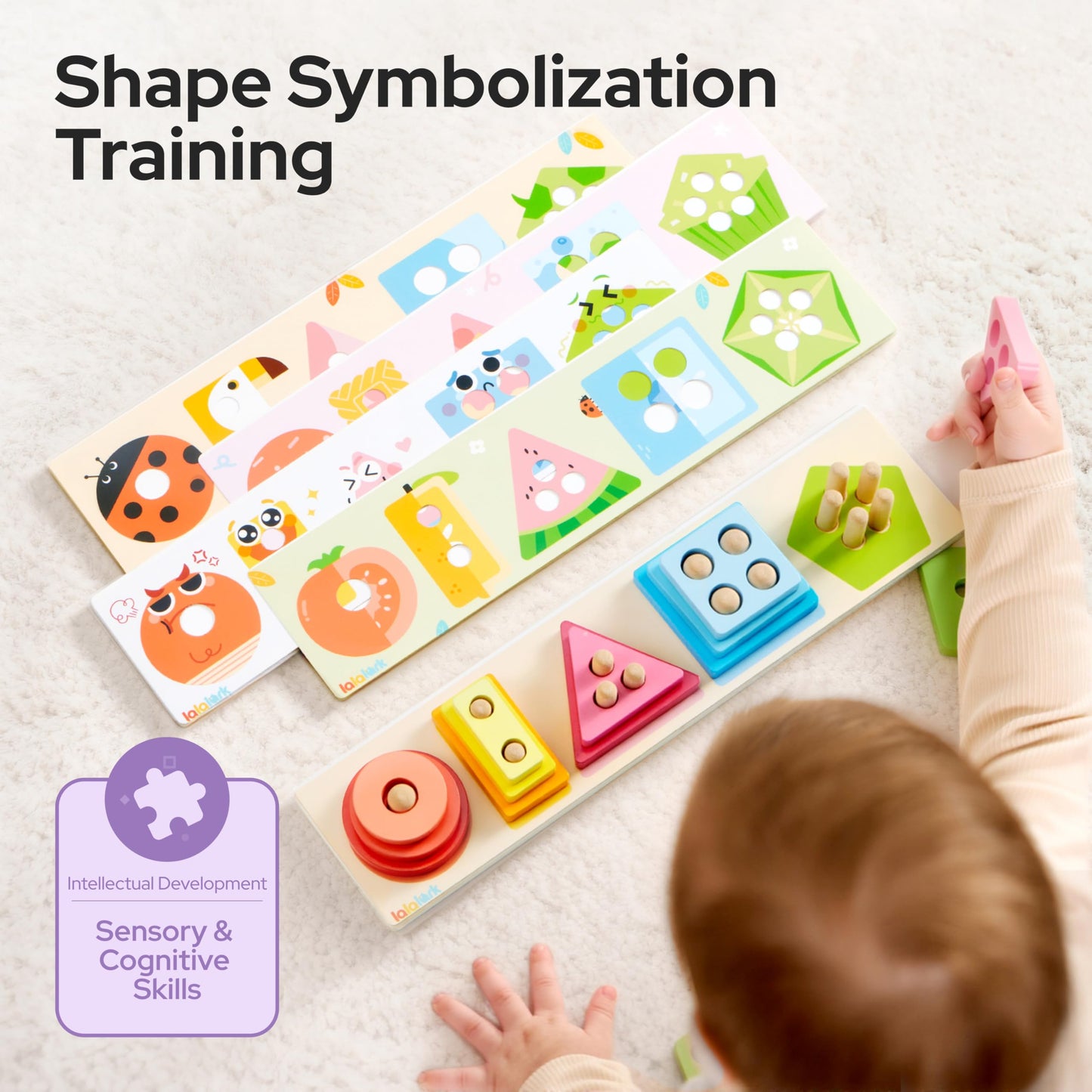 lalalark Montessori Toys for 1 2 3 Year Old Boy Girl, Wooden Sorting & Stacking Toys, Shape Sorter Baby Toy, Tactile & Sound Wooden Chunky Puzzles for Baby 2-4, Musical Farm Animal Toys