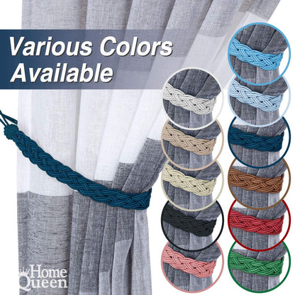 Home Queen Hand Braided Curtain Tie Back, Buckle Holdback Drapery Curtain Tiebacks, 2 Rope Belt Curtain Tie with 2 Metal Hooks, Navy