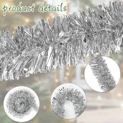 DECORA 33 Feet Silver Tinsel Garland, Christmas Metallic Hanging Tinsel Garland for Xmas Tree Home and Party Decoration