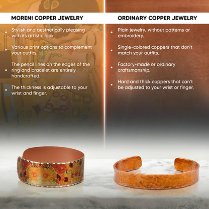 Moreni Copper Bracelet for Women – Handmade Engraved Cuff Inspired by “Sunflowers” – Artistic Pure Copper Jewelry with Gift Wooden Box