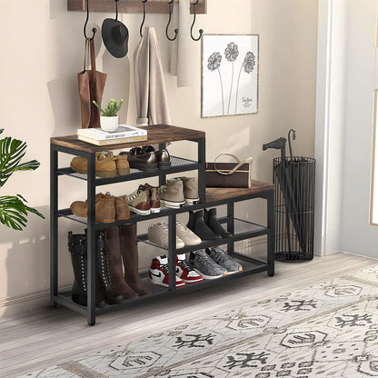 Katrawu Shoe Rack Bench Shoe Storage Organizer with Seat, 5-Tier Industrial Free Standing Shoe Rack for Entryway, Narrow Shoe Rack Organizer Shelves for High Heels, Entryways, Hallways, Closets,Brown