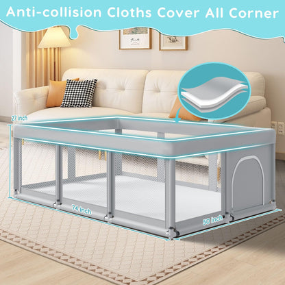 Fshibila 74" ×50" Large Baby Playpen, Baby Playard for Babies and Toddlers, Baby Fence Play Pens for Indoor & Outdoor, Sturdy Safety Play Yard with Soft Breathable Mesh, Anti-Fall, Grey
