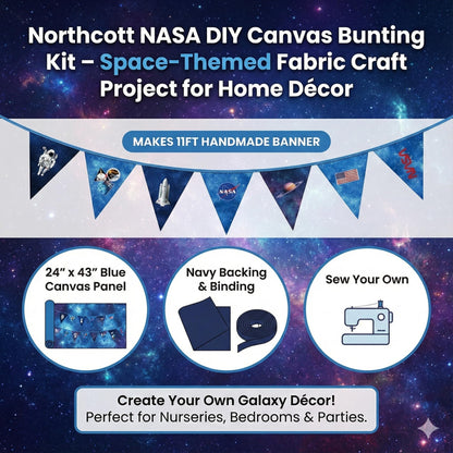 NASA DIY Canvas Bunting Kit – Space-Themed Fabric Craft Project for Home Décor – Includes 24" x 43" Blue Canvas Panel, Navy Backing & Binding – Makes 11ft Handmade Banner