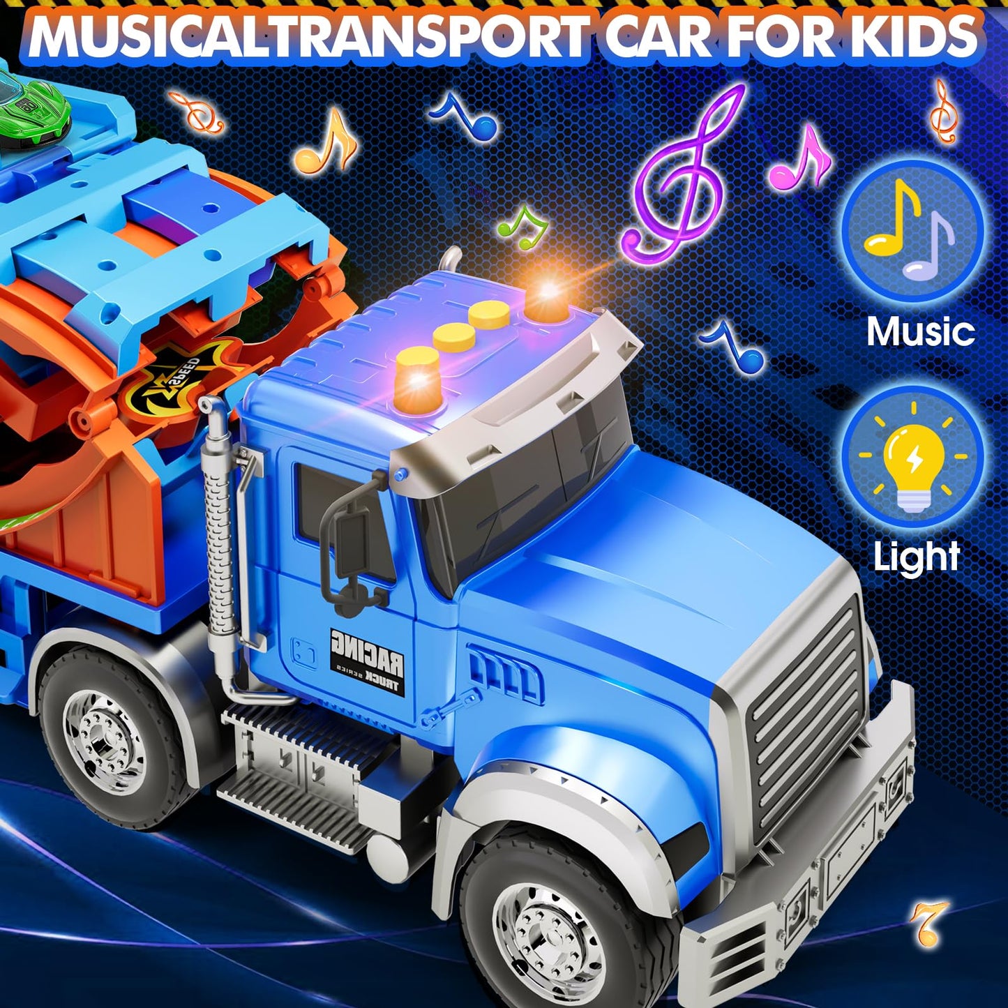 Kids Toys for 3 4 5 6 7 8 Years Old Boys, Carrier Truck Transport Car with Lights Sounds, Christmas Birthday Gift for Toddler, Foldable Layer Car Race Track Playset with Race Track, 6 Metal Toy Cars